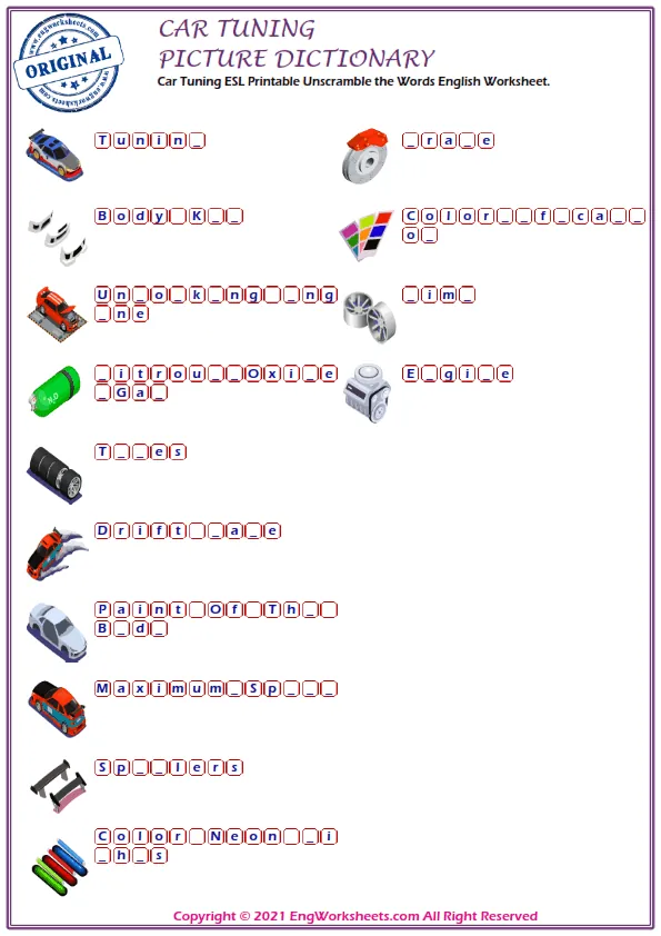 Car Tuning ESL Printable Unscramble the Words English Worksheet. Worksheet Preview