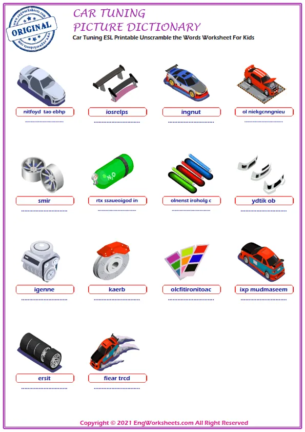 Car Tuning ESL Printable Unscramble the Words Worksheet For Kids Worksheet Preview
