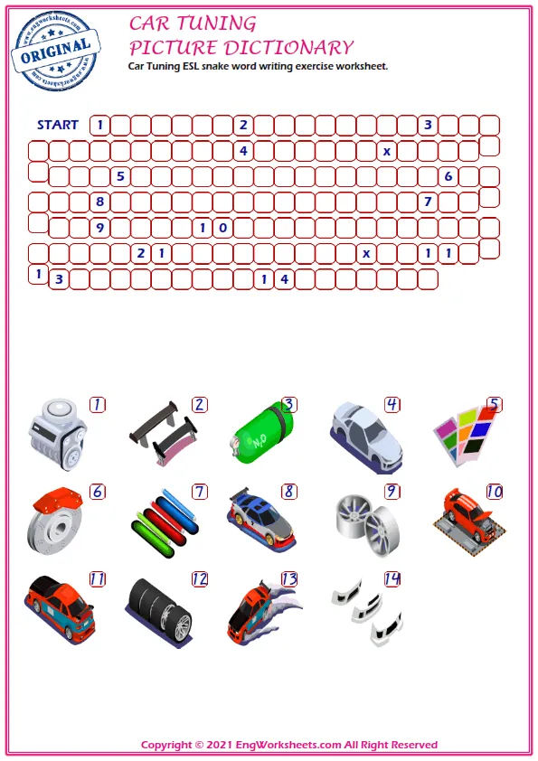 Car Tuning ESL snake word writing exercise worksheet. Worksheet Preview