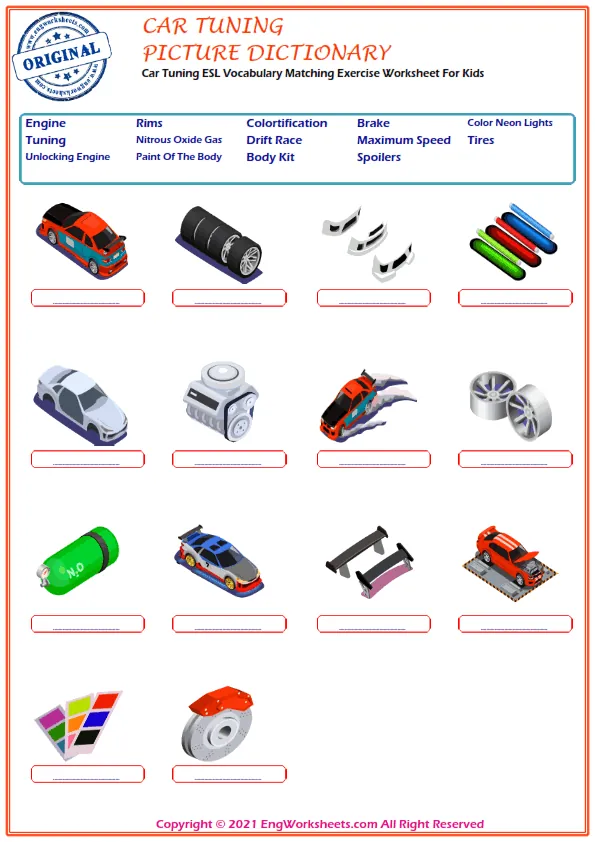 Car Tuning ESL Vocabulary Matching Exercise Worksheet For Kids Worksheet Preview