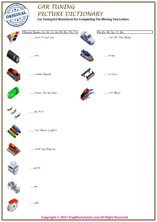 Car Tuning Esl Worksheet For Completing The Missing Two Letters. Worksheet Preview