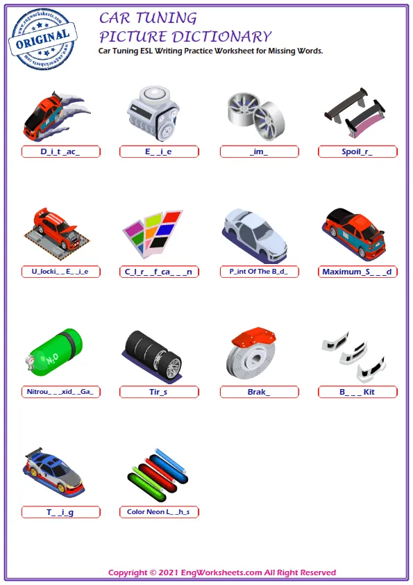 Car Tuning ESL Writing Practice Worksheet for Missing Words. Worksheet Preview