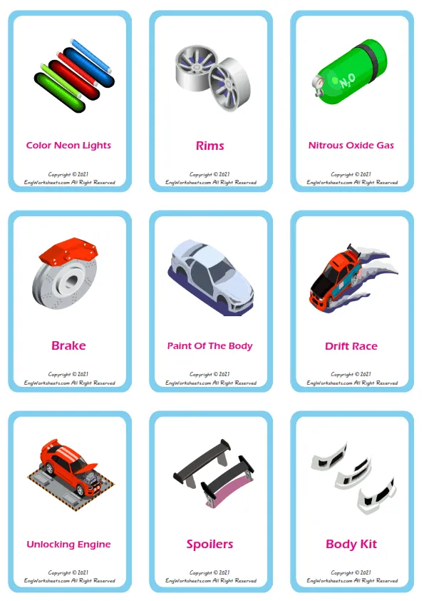 Car Tuning vocabulary worksheet with words, nine images per page Worksheet Preview