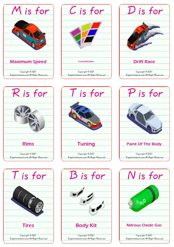 Car Tuning vocabulary worksheet with words, nine images per page Worksheet Preview