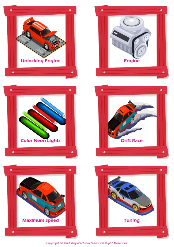 Car Tuning vocabulary worksheet with words, six images per page Worksheet Preview
