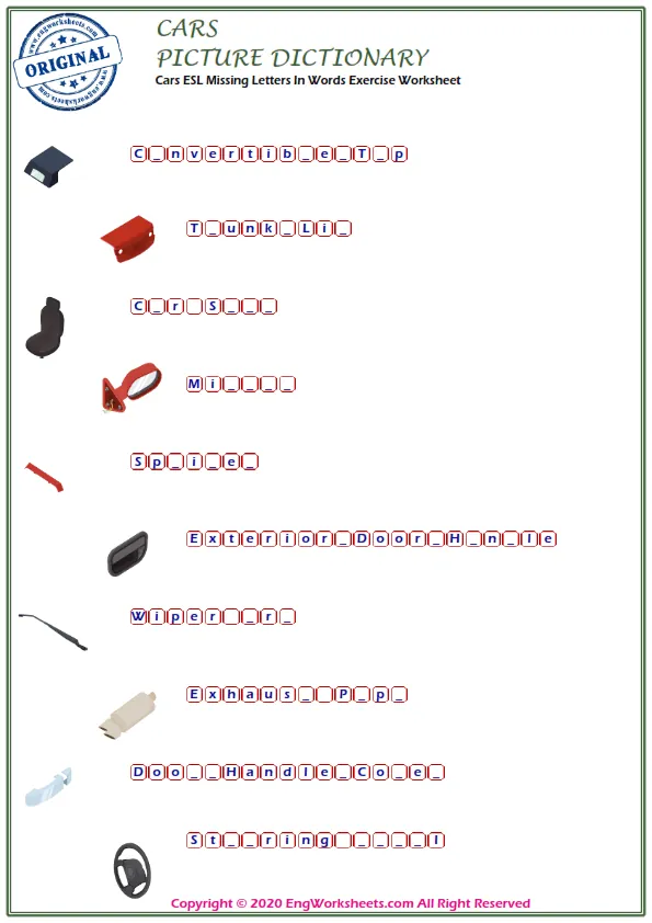 Cars ESL Missing Letters In Words Exercise Worksheet Worksheet Preview