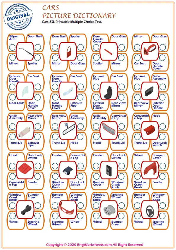 Cars ESL Printable Multiple Choice Test. Worksheet Preview