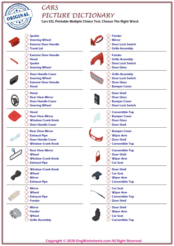 Cars ESL Printable Multiple Choice Test. Choose The Right Word. Worksheet Preview