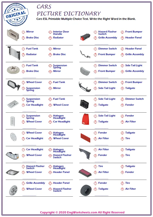 Cars ESL Printable Multiple Choice Test. Write the Right Word in the Blank. Worksheet Preview
