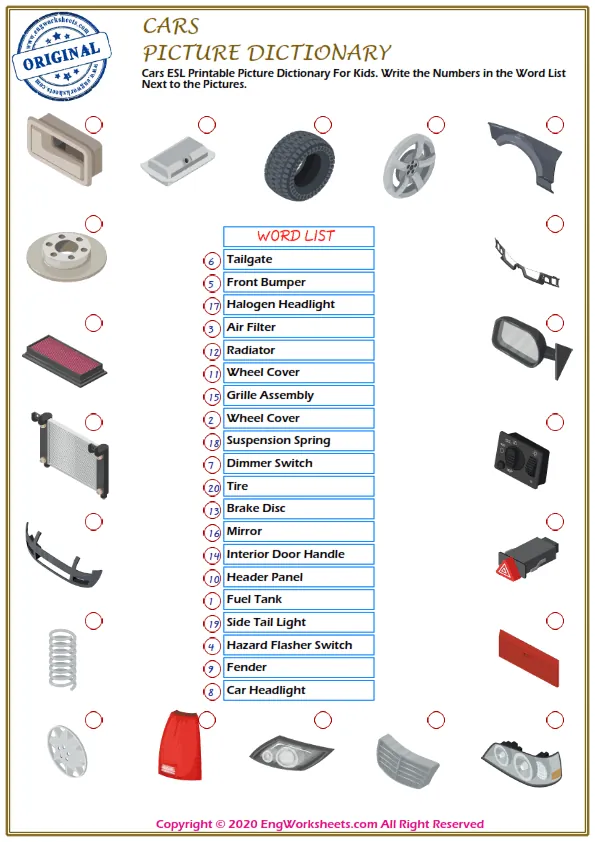 Cars ESL Printable Picture Dictionary For Kids. Write the Numbers in the Word List Next to the Pictures. Worksheet Preview