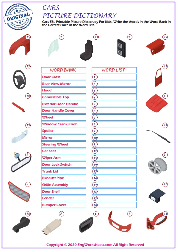 Cars ESL Printable Picture Dictionary For Kids. Write the Words in the Word Bank in the Correct Place in the Word List. Worksheet Preview