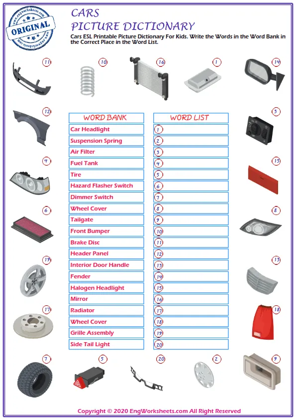 Cars ESL Printable Picture Dictionary For Kids. Write the Words in the Word Bank in the Correct Place in the Word List. Worksheet Preview