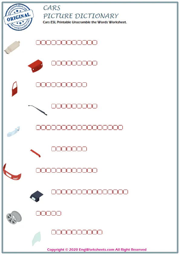 Cars ESL Printable Unscramble the Words Worksheet. Worksheet Preview