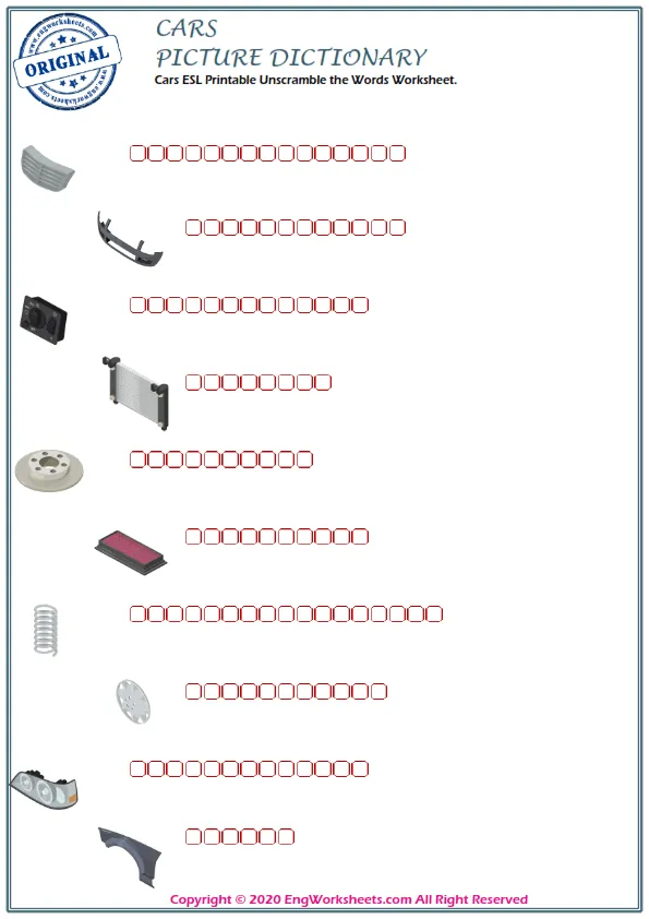 Cars ESL Printable Unscramble the Words Worksheet. Worksheet Preview