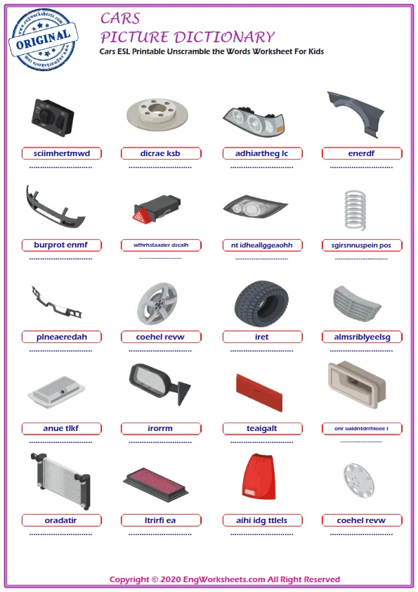 Cars ESL Printable Unscramble the Words Worksheet For Kids Worksheet Preview