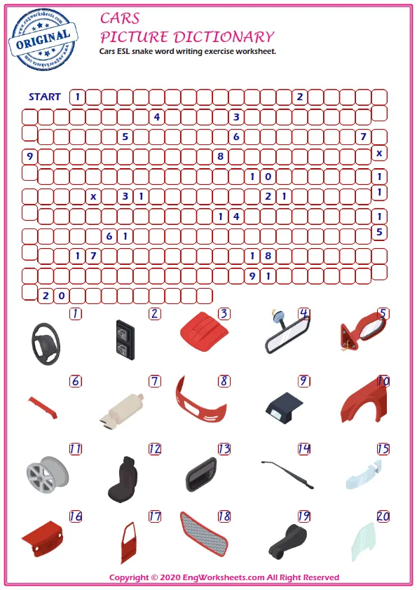 Cars ESL snake word writing exercise worksheet. Worksheet Preview