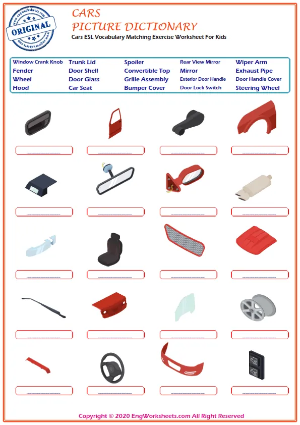 Cars ESL Vocabulary Matching Exercise Worksheet For Kids Worksheet Preview
