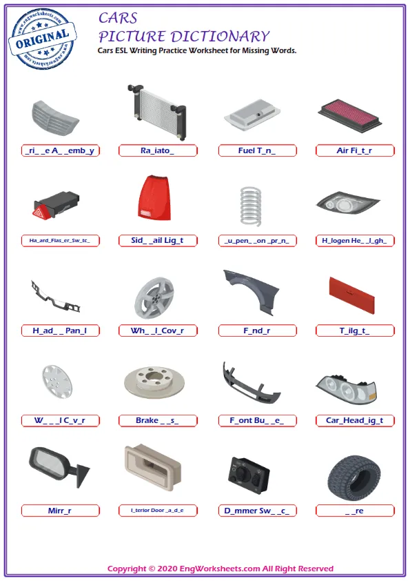 Cars ESL Writing Practice Worksheet for Missing Words. Worksheet Preview