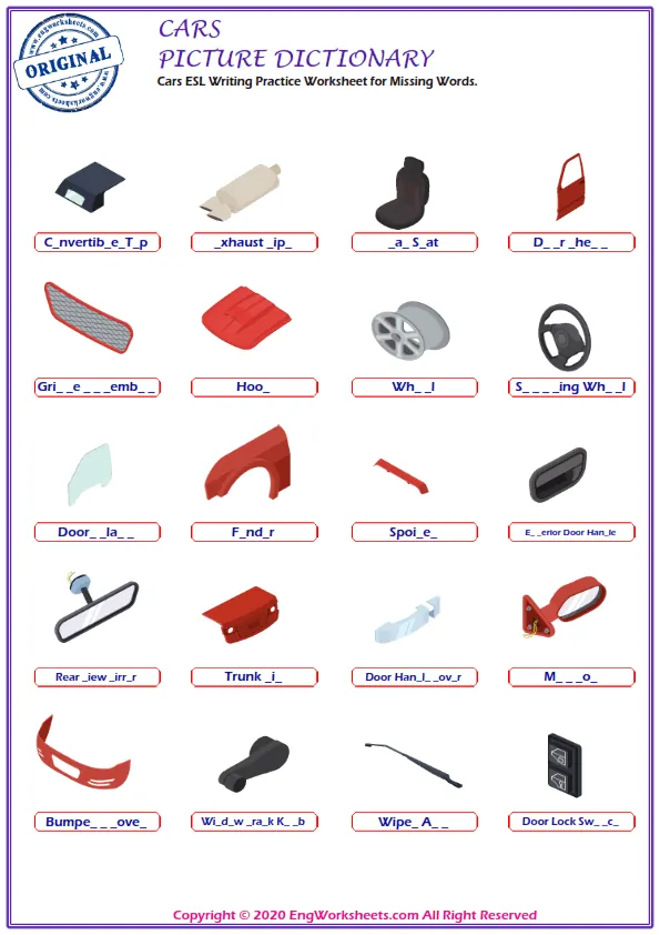 Cars ESL Writing Practice Worksheet for Missing Words. Worksheet Preview