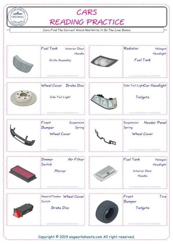 Check the picture of the Cars for kids ESL worksheet for supplying the correct one among four words into the blank place. Worksheet Preview