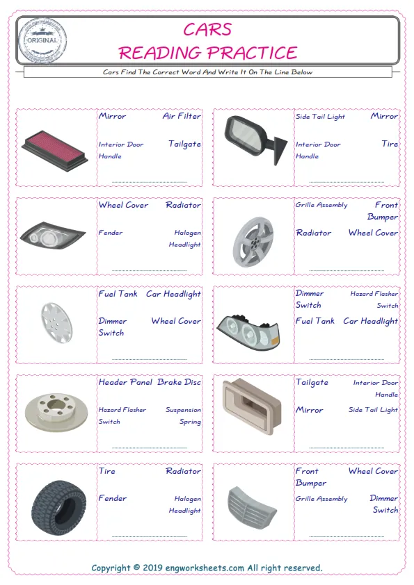 Check the picture of the Cars for kids ESL worksheet for supplying the correct one among three words into the blank place. Worksheet Preview
