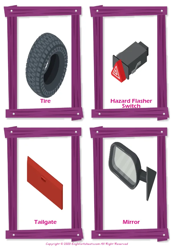 Cars vocabulary worksheet with words, four images per page Worksheet Preview