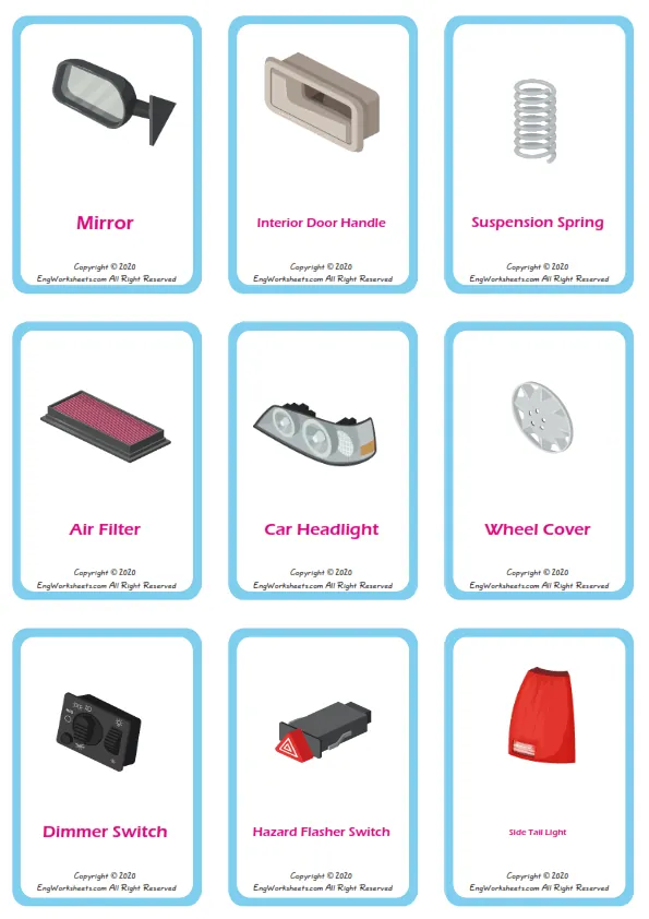 Cars vocabulary worksheet with words, nine images per page Worksheet Preview