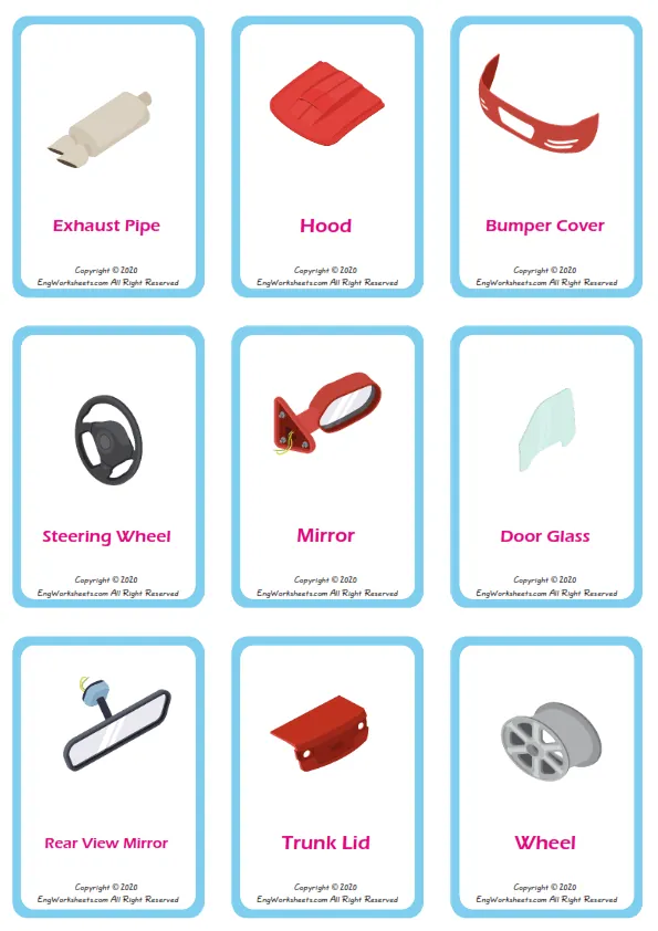 Cars vocabulary worksheet with words, nine images per page Worksheet Preview