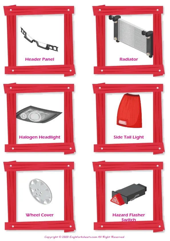 Cars vocabulary worksheet with words, six images per page Worksheet Preview