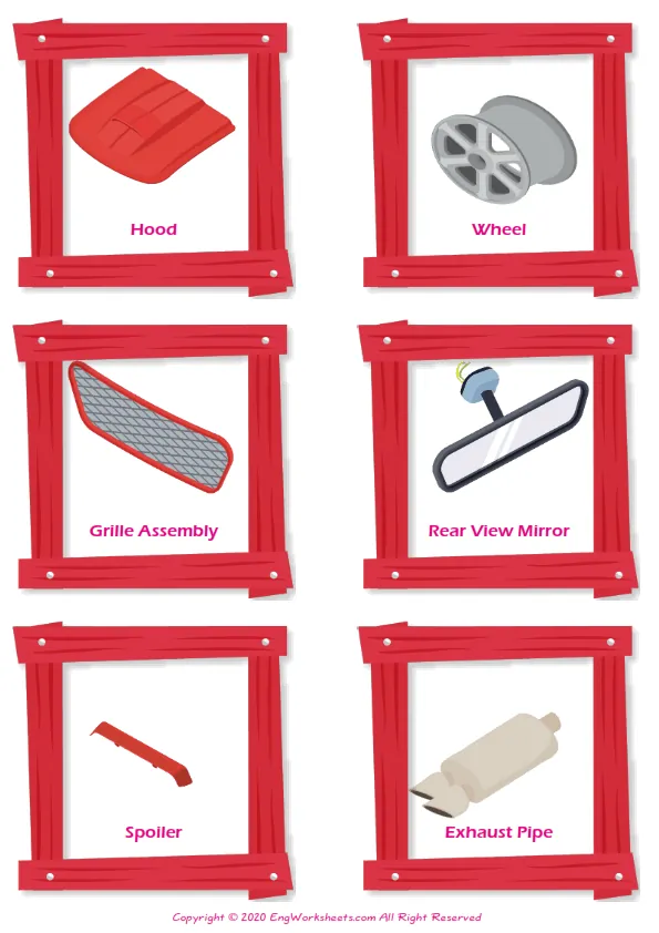 Cars vocabulary worksheet with words, six images per page Worksheet Preview