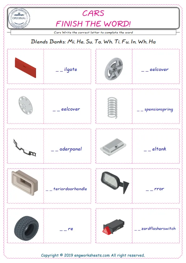For kids, the Cars English worksheet for supplying into the correct blank place given letters special to the Cars Words. Worksheet Preview