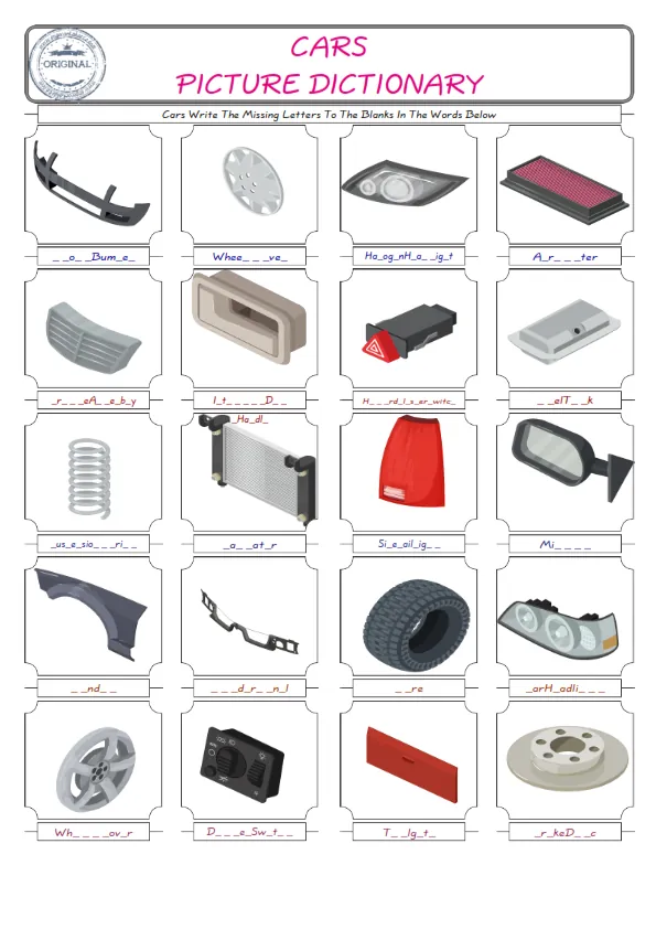 Cars Words English worksheets For kids, the ESL Worksheet for finding and typing the missing letters of Cars Words Worksheet Preview