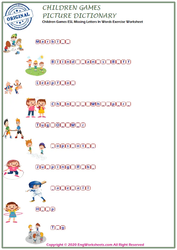 Children Games ESL Missing Letters In Words Exercise Worksheet Worksheet Preview