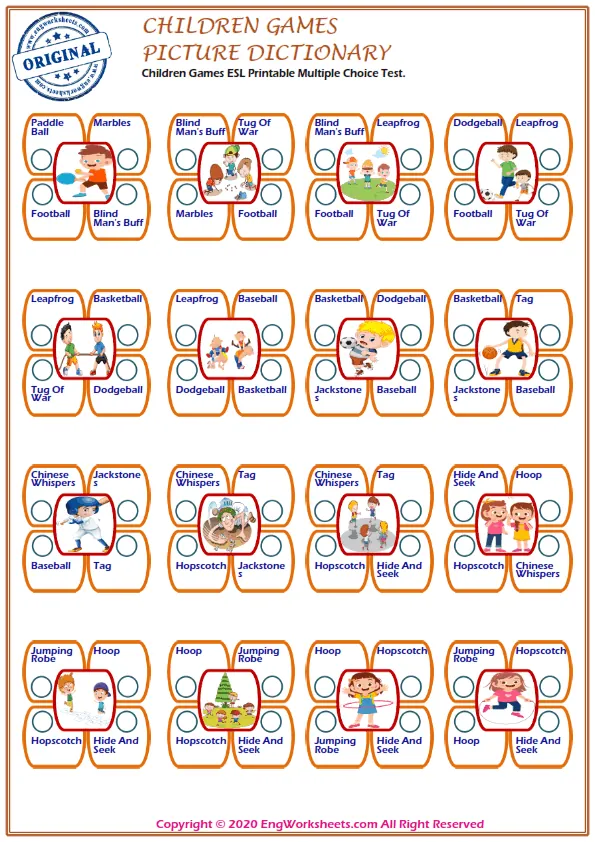 Children Games ESL Printable Multiple Choice Test. Worksheet Preview