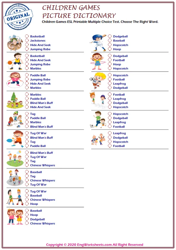 Children Games ESL Printable Multiple Choice Test. Choose The Right Word. Worksheet Preview