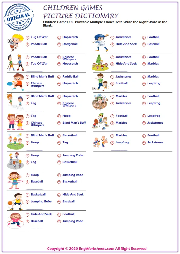 Children Games ESL Printable Multiple Choice Test. Write the Right Word in the Blank. Worksheet Preview