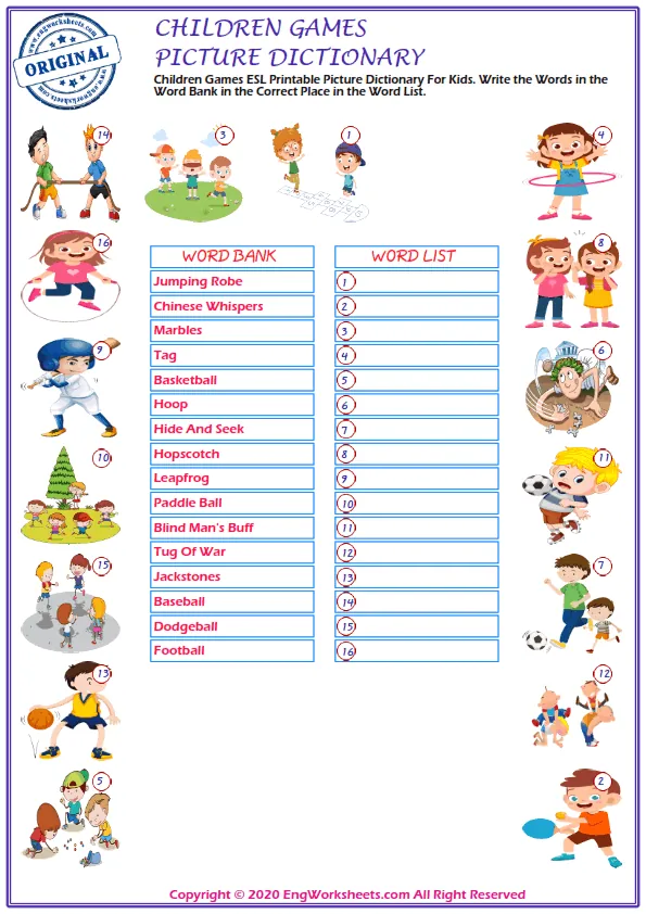 Children Games ESL Printable Picture Dictionary For Kids. Write the Words in the Word Bank in the Correct Place in the Word List. Worksheet Preview