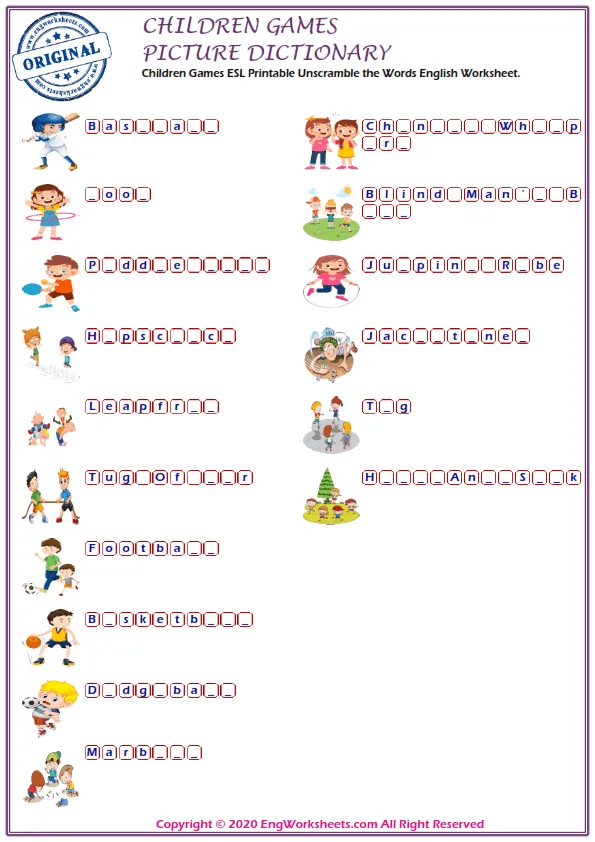 Children Games ESL Printable Unscramble the Words English Worksheet. Worksheet Preview