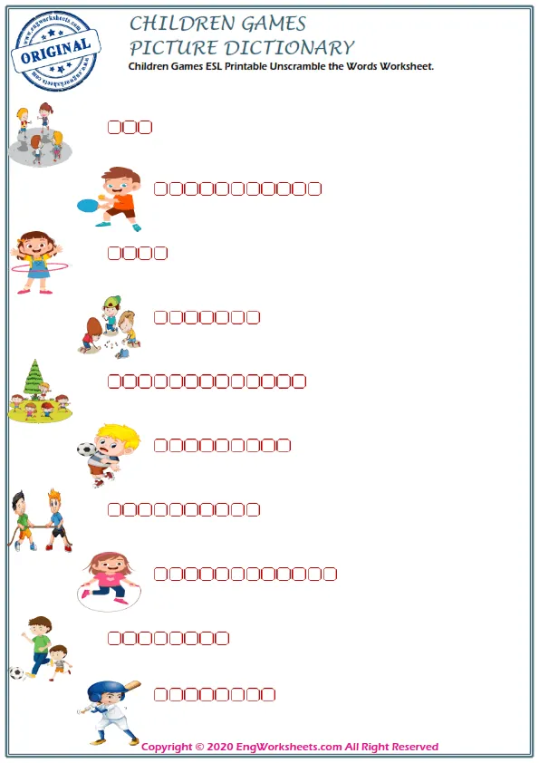 Children Games ESL Printable Unscramble the Words Worksheet. Worksheet Preview