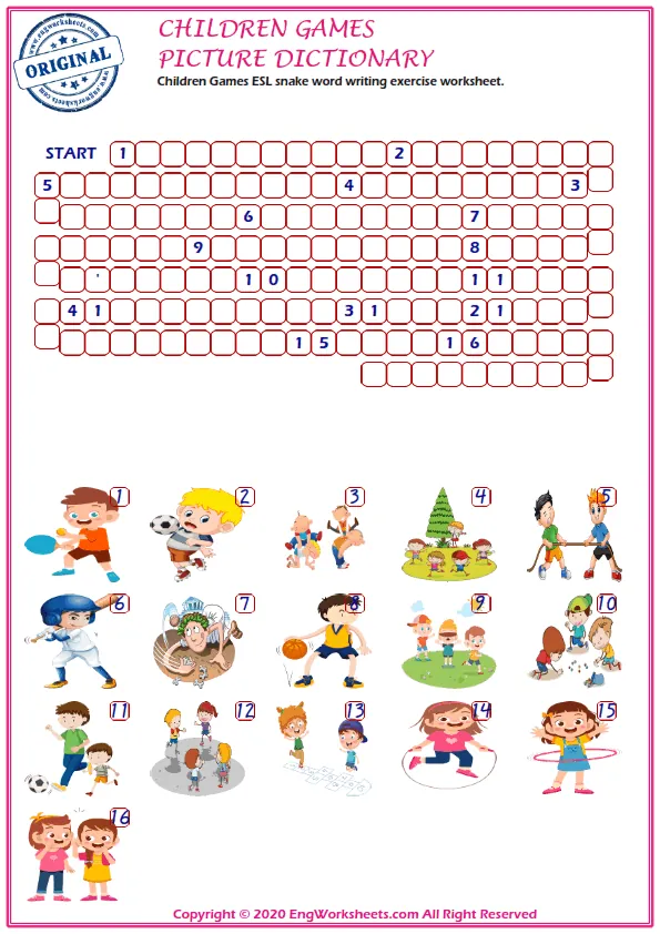 Children Games ESL snake word writing exercise worksheet. Worksheet Preview