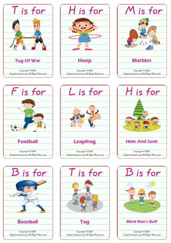 Children Games vocabulary worksheet with words, nine images per page Worksheet Preview