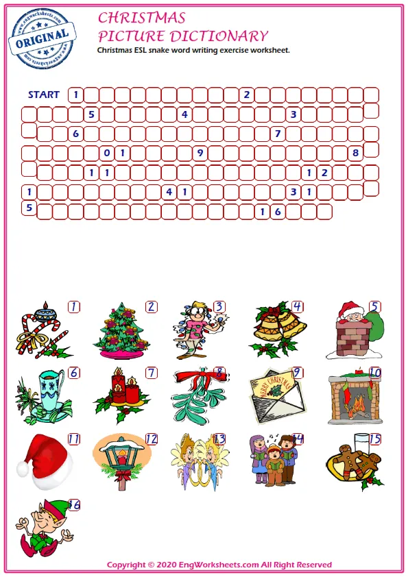Christmas ESL snake word writing exercise worksheet.