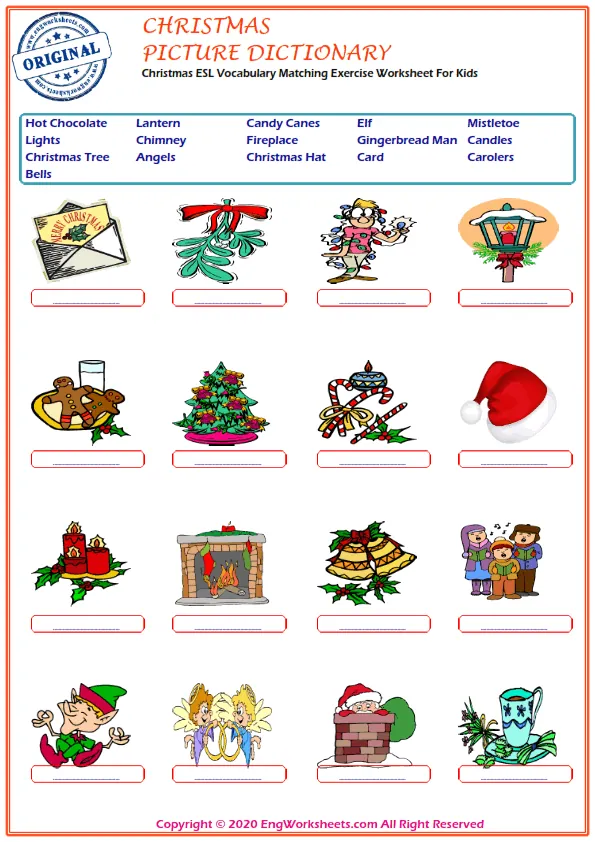 Christmas ESL Vocabulary Matching Exercise Worksheet For Kids