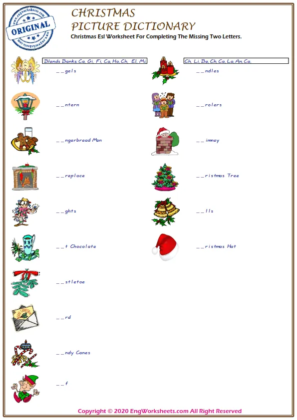 Christmas Esl Worksheet For Completing The Missing Two Letters.