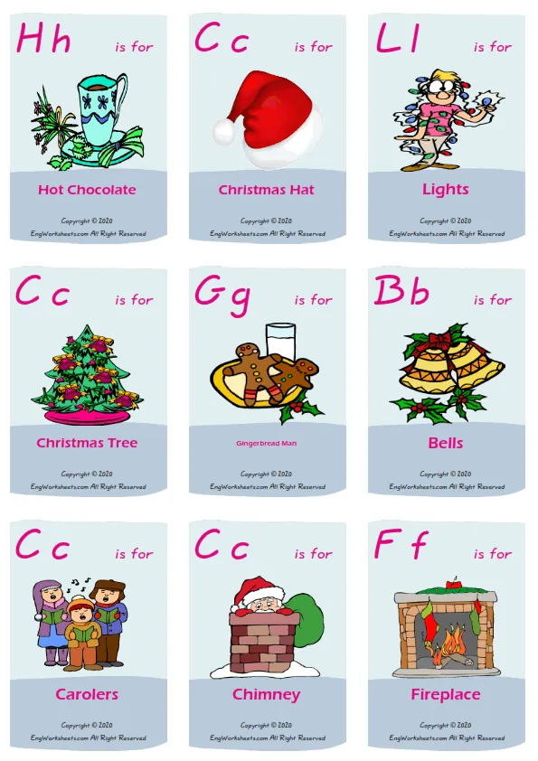 Christmas vocabulary worksheet with words, nine images per page