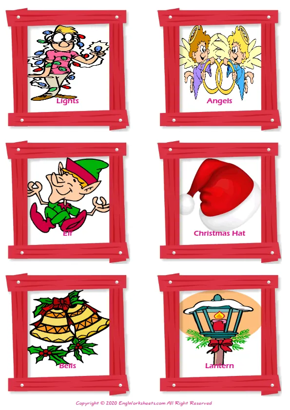 Christmas vocabulary worksheet with words, six images per page