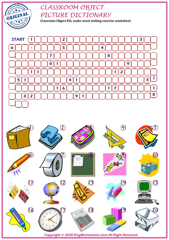 Classroom Objects ESL snake word writing exercise worksheet.