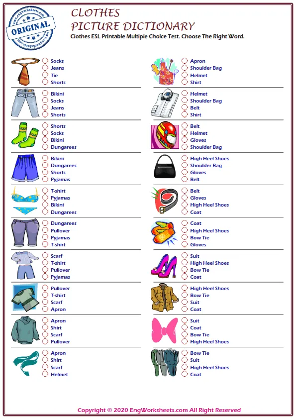 Clothes ESL Printable Multiple Choice Test. Choose The Right Word.