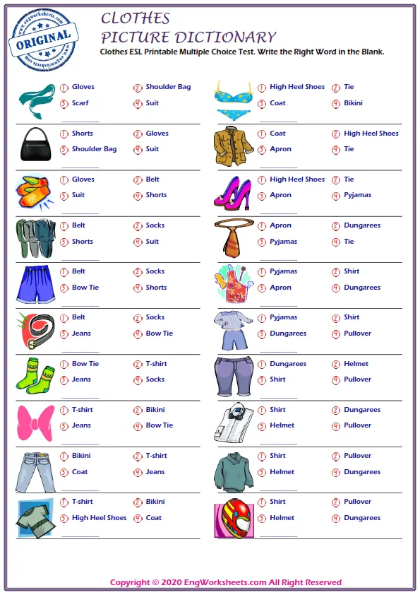 Clothes ESL Printable Multiple Choice Test. Write the Right Word in the Blank.