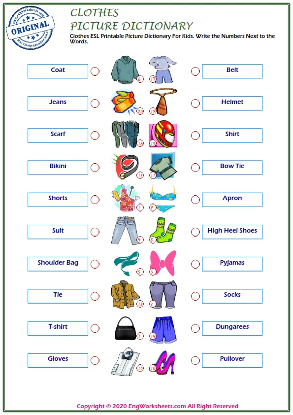 Clothes ESL Printable Picture Dictionary For Kids. Write the Numbers Next to the Words.